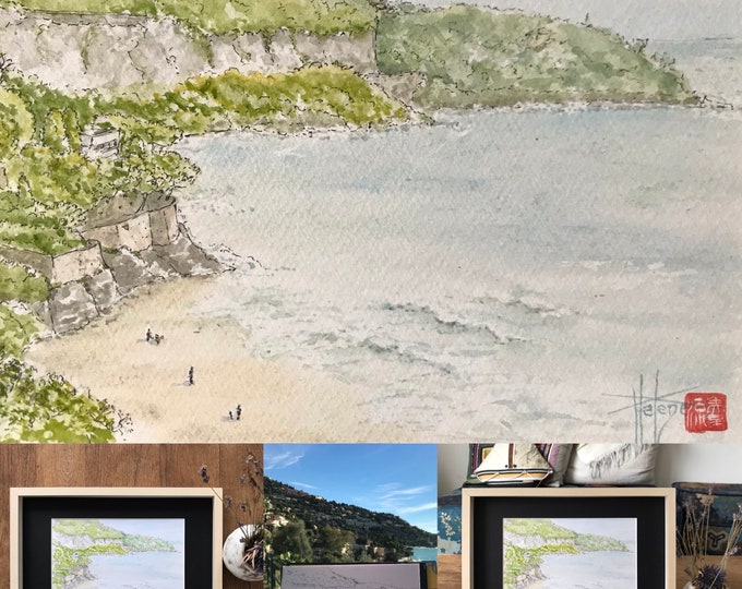 Watercolor sea and cliff Roquebrune-cap-martin Menton. Original hand-painted framed painting.