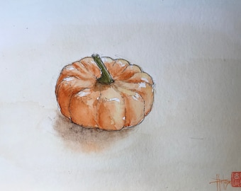 la courge patidou à l’aquarelle. tableau peint à la main original 13x18cm