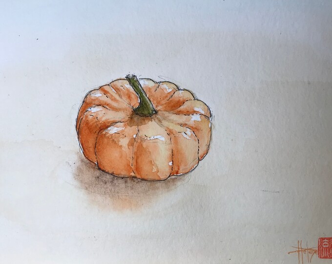 Aquarelle la courge patidou. tableau peint à la main original 13x18cm