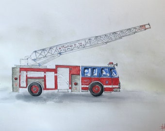 Watercolor painting for children's room, the American fire truck.