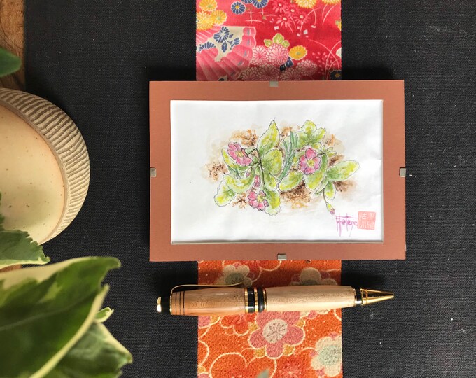 croquis originale, les Pervenches violettes, tableau peint à l’aquarelle . format carte postale