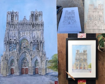 Watercolor Reims Cathedral. Original hand painted painting.