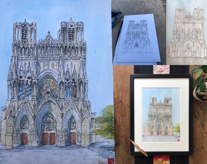 Watercolor Reims Cathedral. Original hand painted painting.