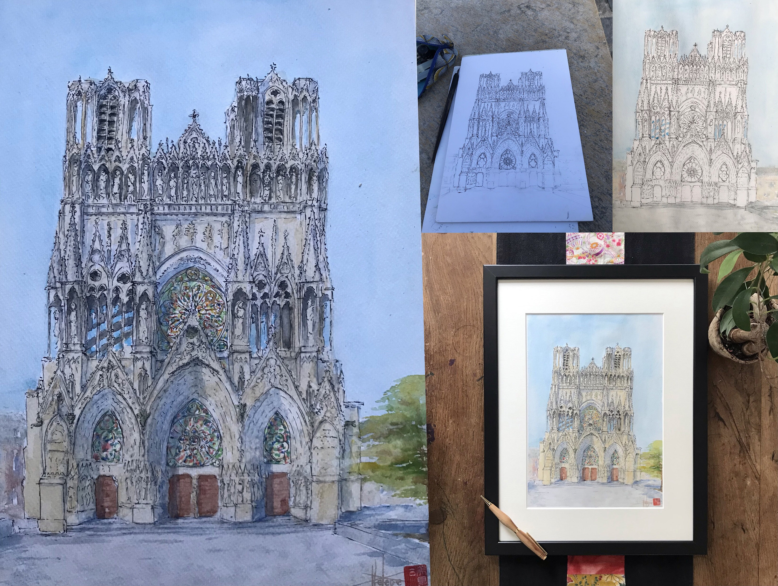 Original Watercolor Reims Cathedral Hand Painted Painting Framed 30x40cm