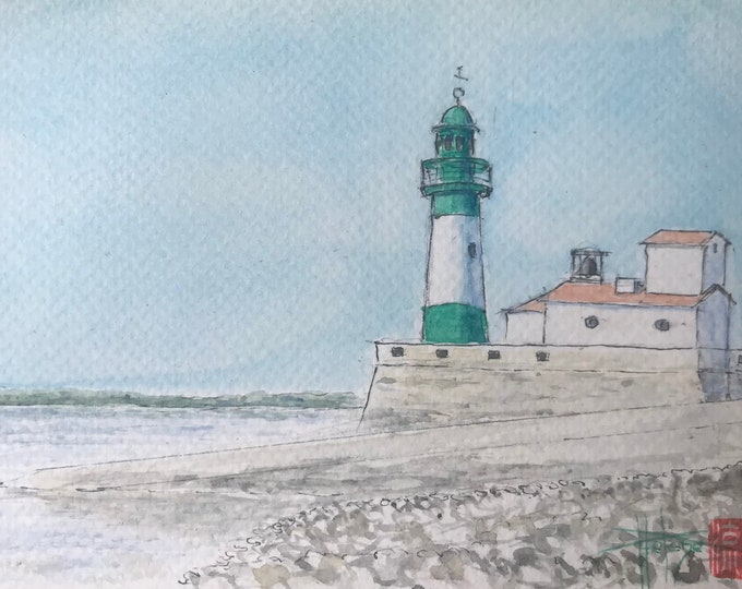 Tréport lighthouse watercolor. Original hand-painted wall painting