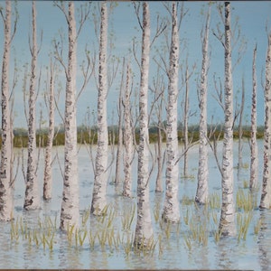 May include: A painting of a flooded forest with white birch trees. The trees are standing in shallow water with green grass growing around their bases. The sky is a light blue.
