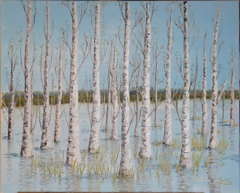 May include: A painting of a flooded forest with white birch trees. The trees are standing in shallow water with green grass growing around their bases. The sky is a light blue.