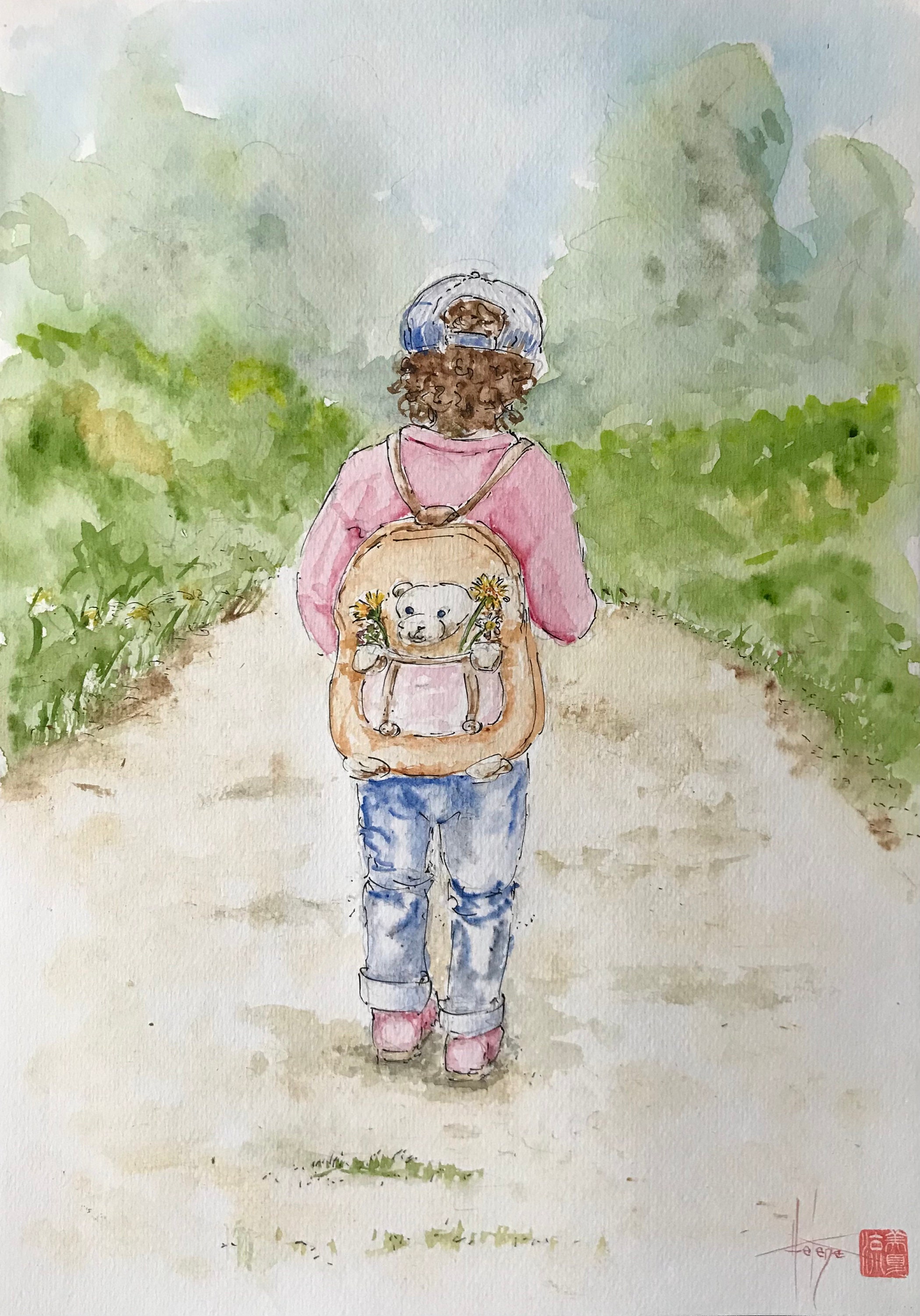 Aquarelle originale, format A4, le chemin et l'enfant. Tableau