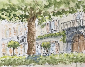 Original watercolor, postcard format, Place Hautvillier, hand-painted