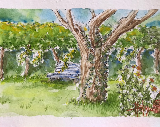 Aquarelle A6, le banc dans le jardin, Tableau original peint à la main.