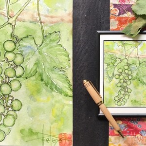 Aquarelle le raisin et la vigne. format carte postale. Tableau originalpeint à la main.