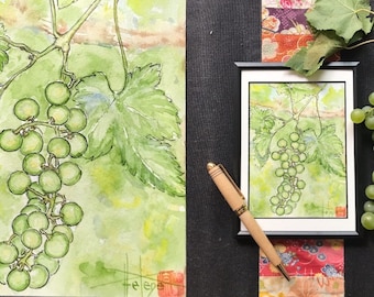 raisin et la vigne à l’aquarelle. format carte postale. Tableau original encadré peint à la main.