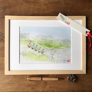 グルノーブル ケーブル カーの水彩画、アルプス フランス。手描きの壁画。