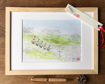 téléphérique de Grenoble, à l’aquarelle. Alpes France. Tableau mural peint  à la main.