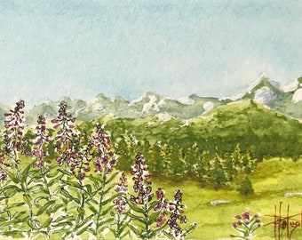 Montagne au printemps à l’aquarelle. tableau mural peint à la main encadré.