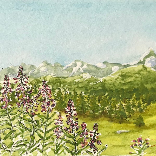 Aquarelle de montagne. tableau mural peint à la main encadré.