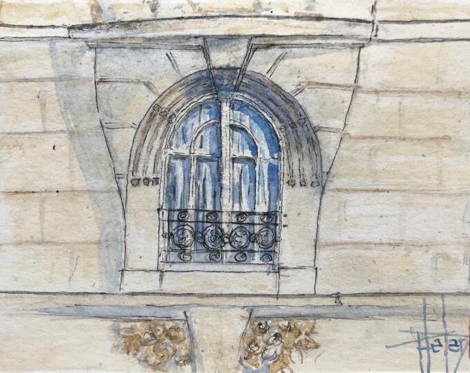 VENDUE. Aquarelle fenêtre Art déco. Tableau peint à la main