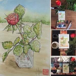 Aquarelle rose rouge. Tableau original peint à la main. Format carte postale.