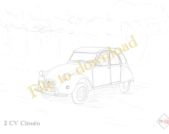 Dessin numérique d’une 2CV Citroen à colorier