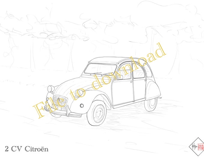 Dessin numérique d’une 2CV Citroen à colorier