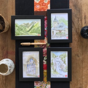 Aquarelle les Pyrénées. Tableaux Peints à la main. Format carte postale