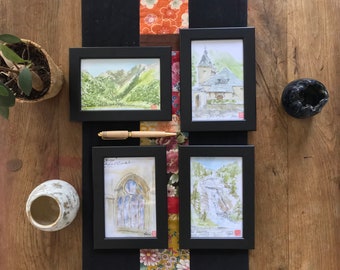 Paysage des Pyrénées à l'aquarelle. Tableaux Peints à la main. Format carte postale encadré
