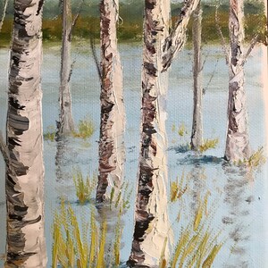 May include: A painting of a birch tree forest with white bark and brown branches. The trees are standing in a shallow body of water with green grass growing around them. The background is a blue sky with white clouds.