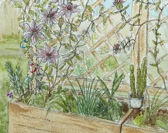 clématites du jardin à l’aquarelle. Tableau Peint à la main encadré.
