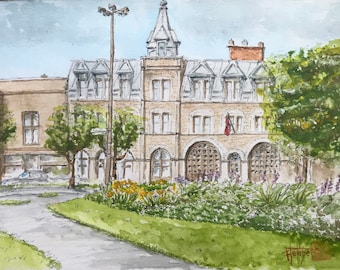 caserne pompiers Montréal à  l’aquarelle. Tableau mural Peint à la main Format A5.