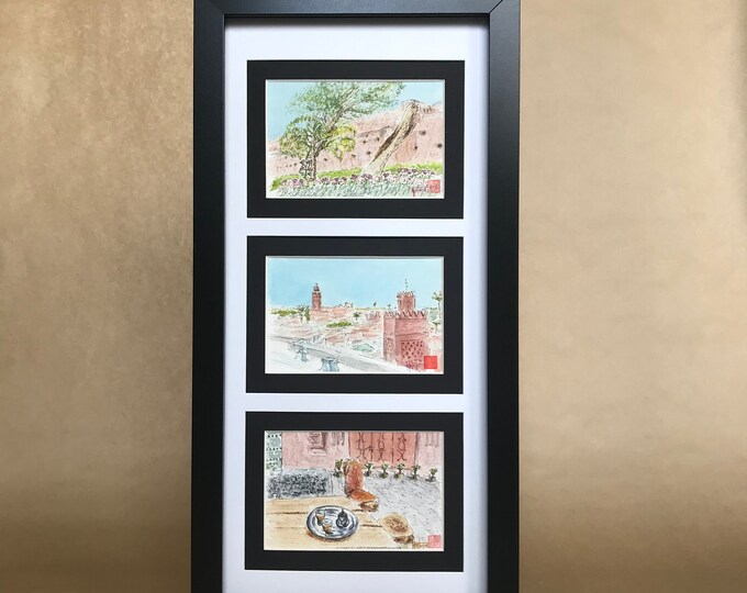 voyage à Marrakech à l’aquarelle. Tableau peint à la main encadré en triptyque