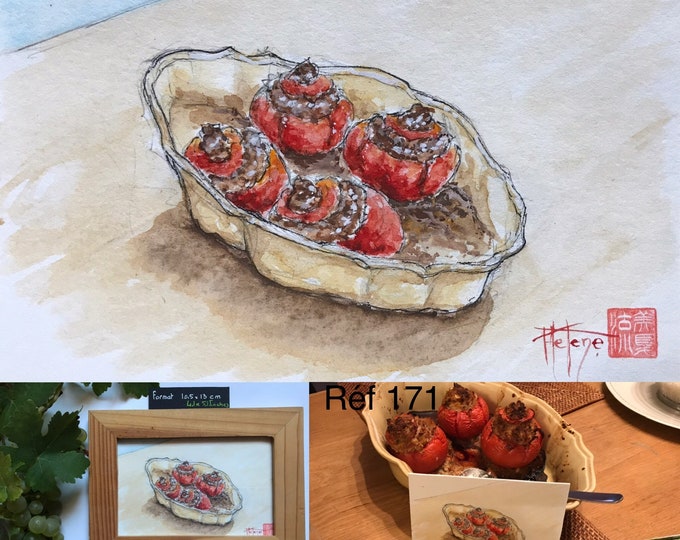 Aquarelle, les tomates farcies, originales, peintes à la main, format carte postale.