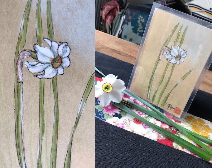 Cartes florales dessinées à la main sur papier kraft, livrées avec enveloppe. Pour fête des mères, anniversaire, saint valentin.