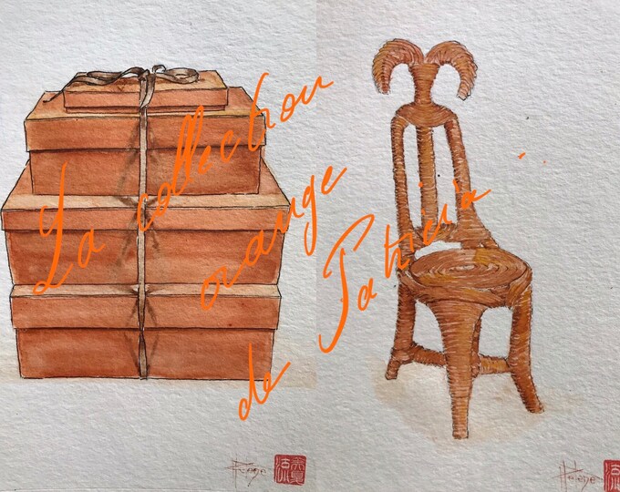 Aquarelles "la chaise orange" pour Patricia, sur demandes peintes à la main