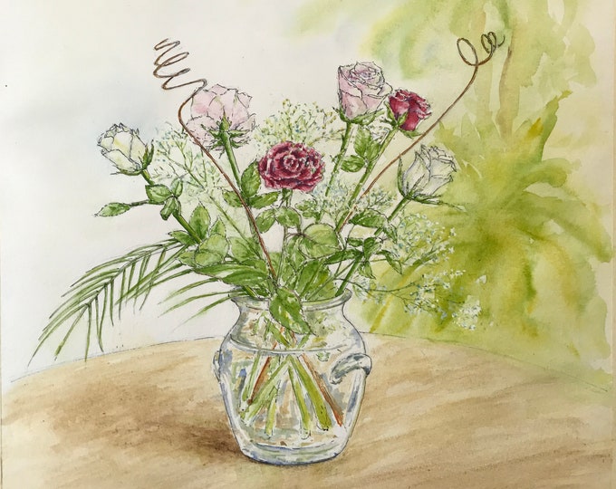 Bouquet de de roses à l’aquarelle. Tableau original peint à la main encadré
