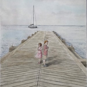 Original large format watercolor, children at the sea. Hand-painted painting.