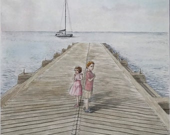 Original large format watercolor, children at the sea. Hand painted painting.