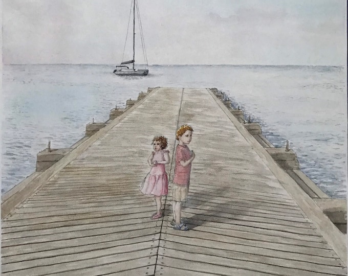 Original large-format watercolour, children at the sea. Hand-painted painting.