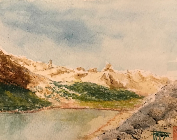 Aquarelle lac de Patagonie. Tableau original peint à la main. Format carte postale.