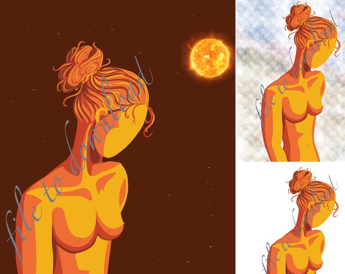 Tableau surréaliste numérique. Femme nue au soleil. Fichiers à télécharger.