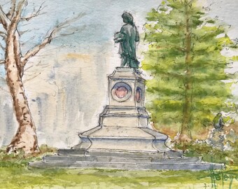 Watercolor postcard format, statue of the park of reims station. Framed table 18x24cm.