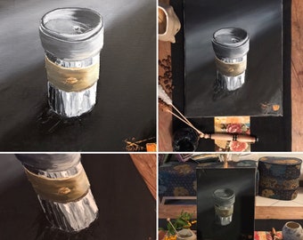 Oil painting the coffee mug. Painting on hand-painted frame canvas.