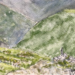 Aquarelle montagne village savoyard villarembert. Format carte postale. Peinte à la main