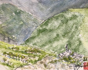 Watercolor of mountain Savoyard village Villarembert. Postcard format. Hand painted