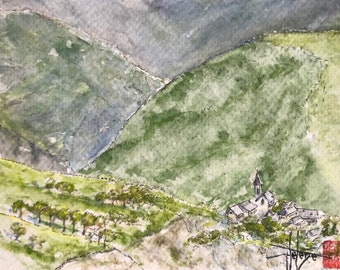 Tableau de montagne village savoyard villarembert à l’aquarelle Format carte postale. Peinte à la main encadrée