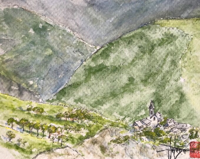 Watercolor of mountain Savoyard village Villarembert. Postcard format. Hand painted