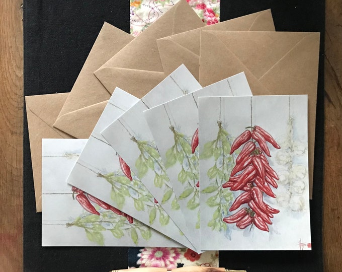 Cartes postales piments d’espelette. Lot de 5 Imprimées d'après une de mes aquarelles originales.