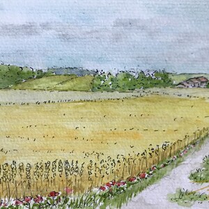 Aquarelle champ de blé et coquelicot format carte postale A6. Tableau Original peint à la main encadré.