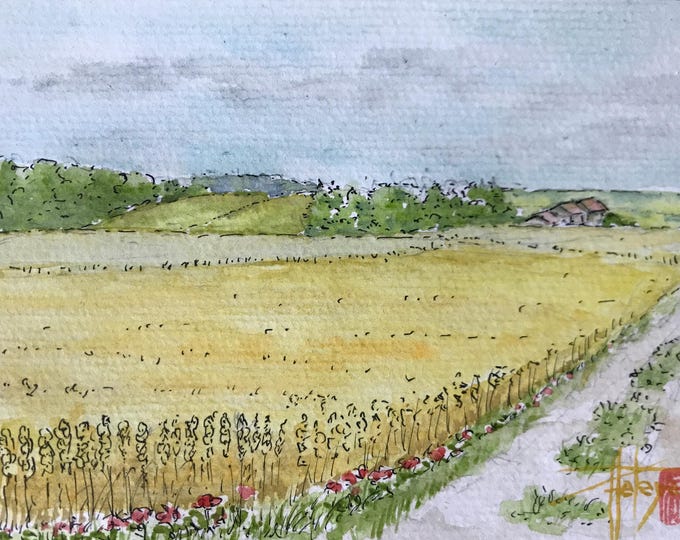 champ de blé et coquelicot à l’aquarelle format carte postale A6. Tableau Original peint à la main encadré.