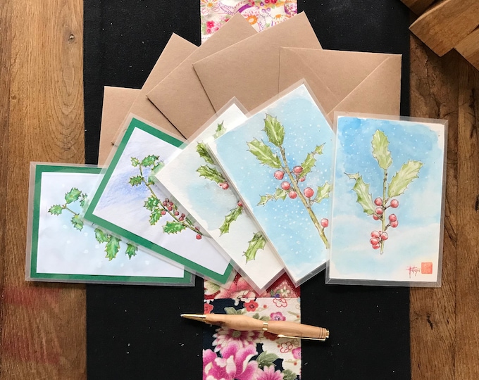 Branche de houx carte peinte à la main livrées avec enveloppe.