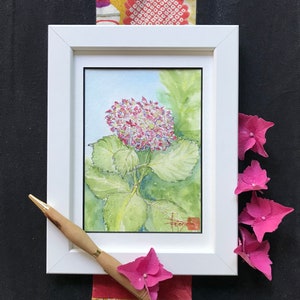 Aquarelle l’hortensia rose format carte postale. Tableau peint à la main